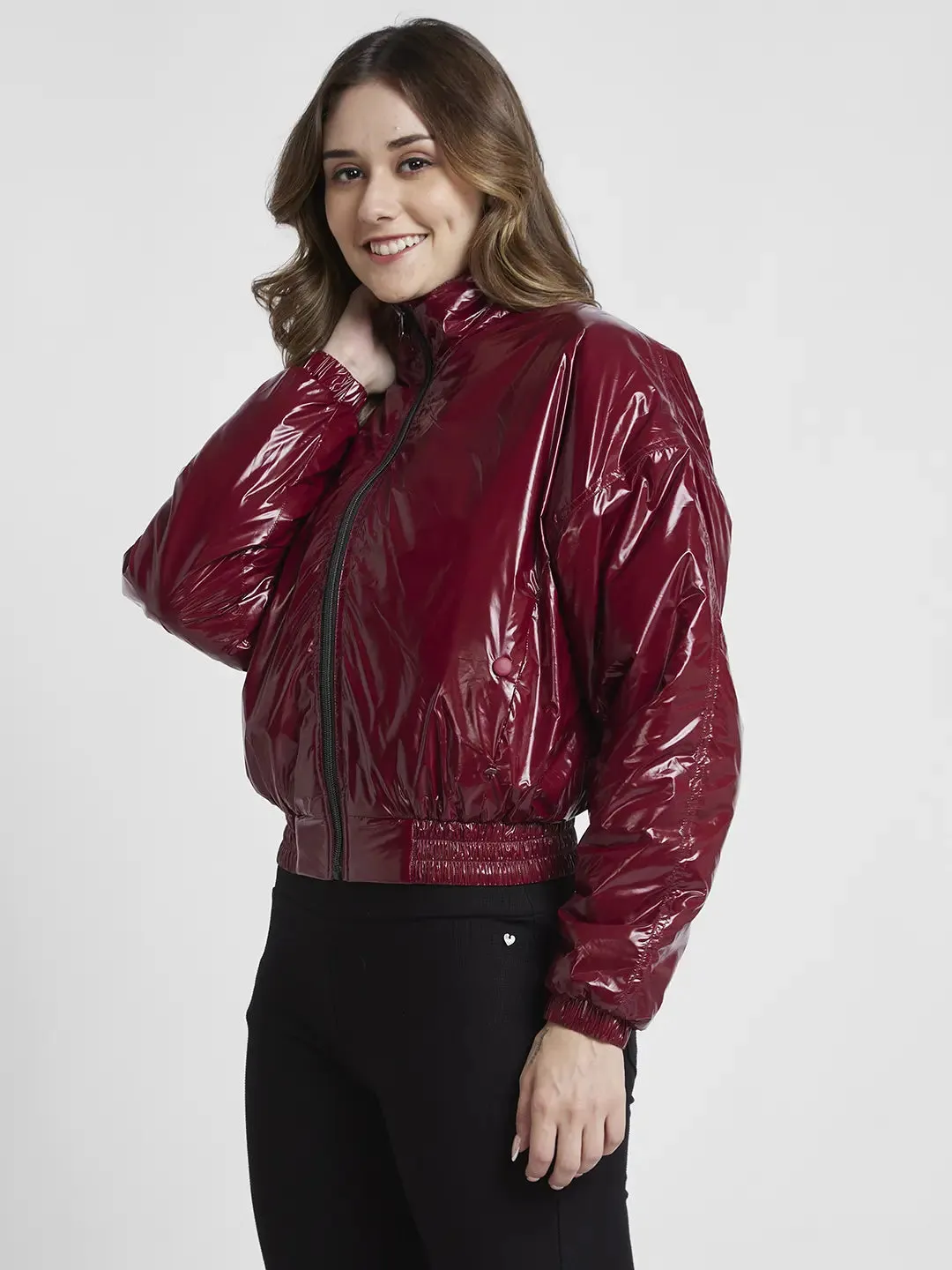 Spykar Women Maroon Slim Fit High Neck Plain Crop Jacket