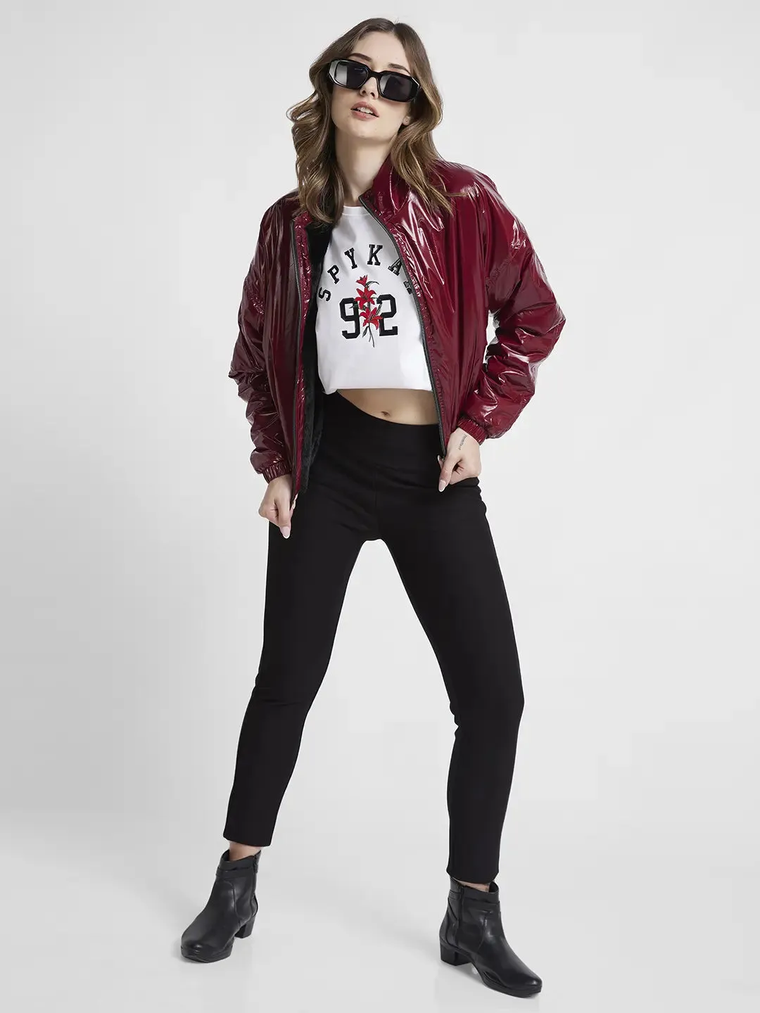 Spykar Women Maroon Slim Fit High Neck Plain Crop Jacket