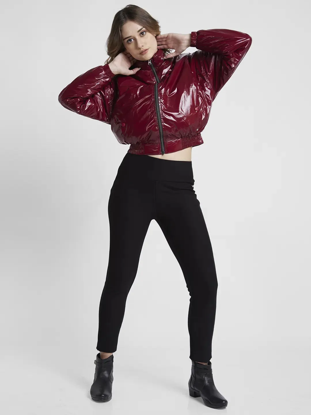 Spykar Women Maroon Slim Fit High Neck Plain Crop Jacket
