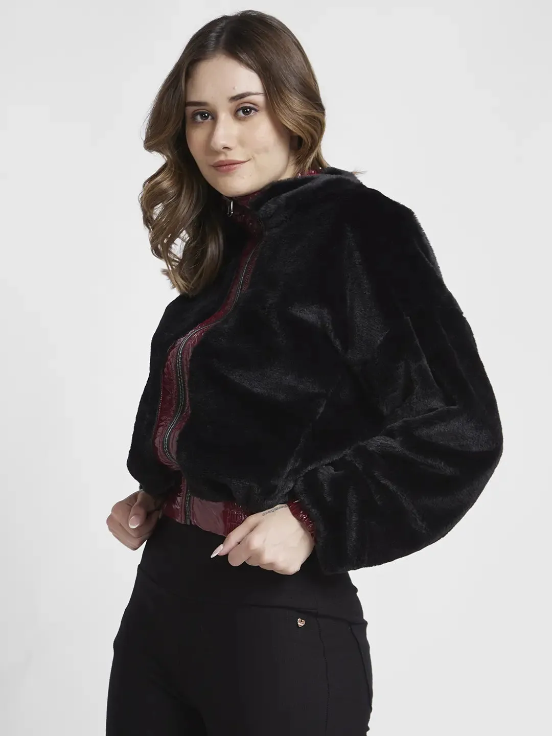 Spykar Women Maroon Slim Fit High Neck Plain Crop Jacket