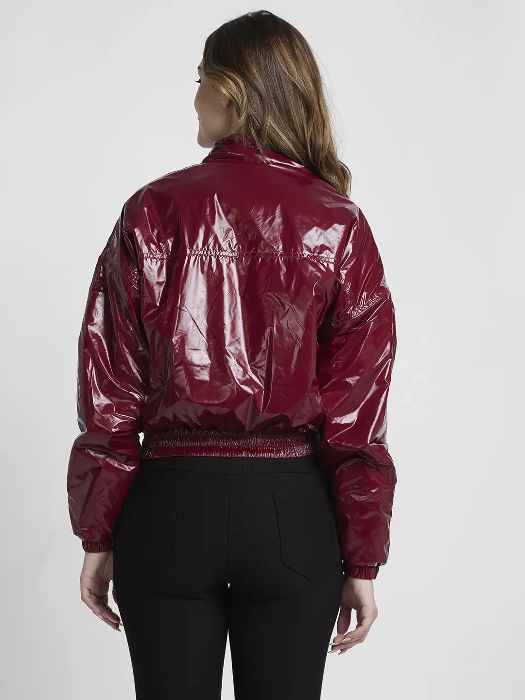 Spykar Women Maroon Slim Fit High Neck Plain Crop Jacket