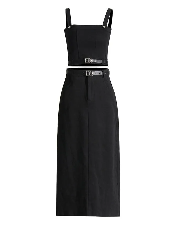 Square Collar Vest High Waist Split Skirt Set