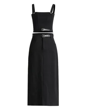 Square Collar Vest High Waist Split Skirt Set