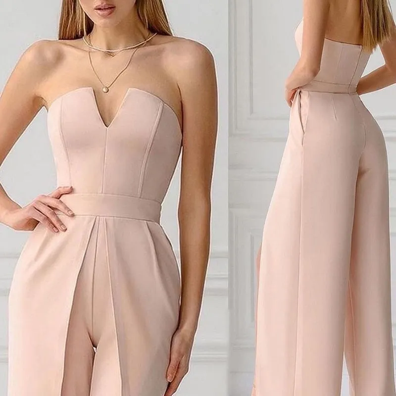 Strapless Hollow High Slit Long Pants Jumpsuit
