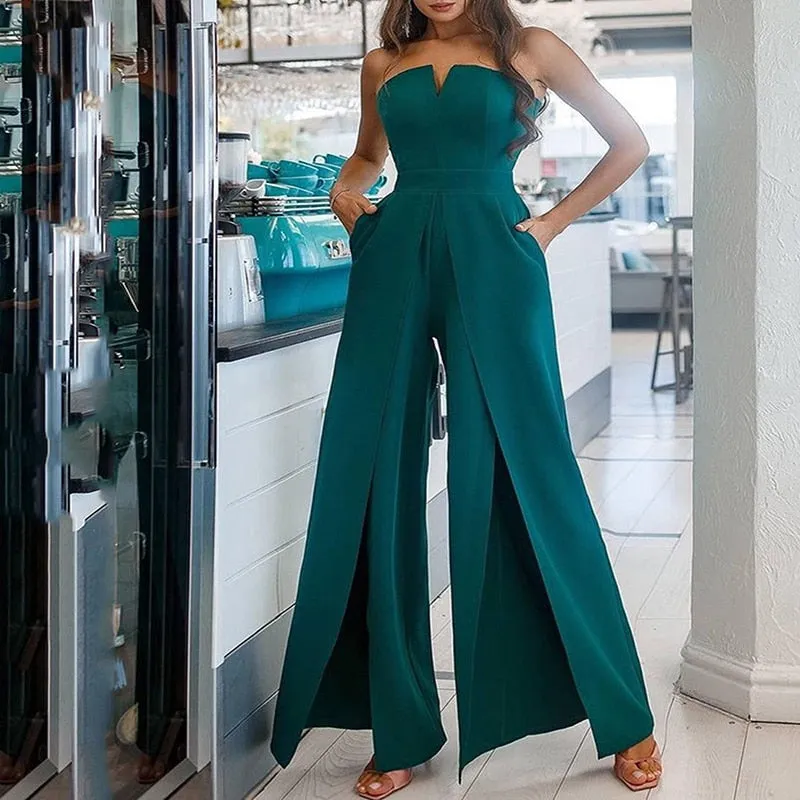 Strapless Hollow High Slit Long Pants Jumpsuit