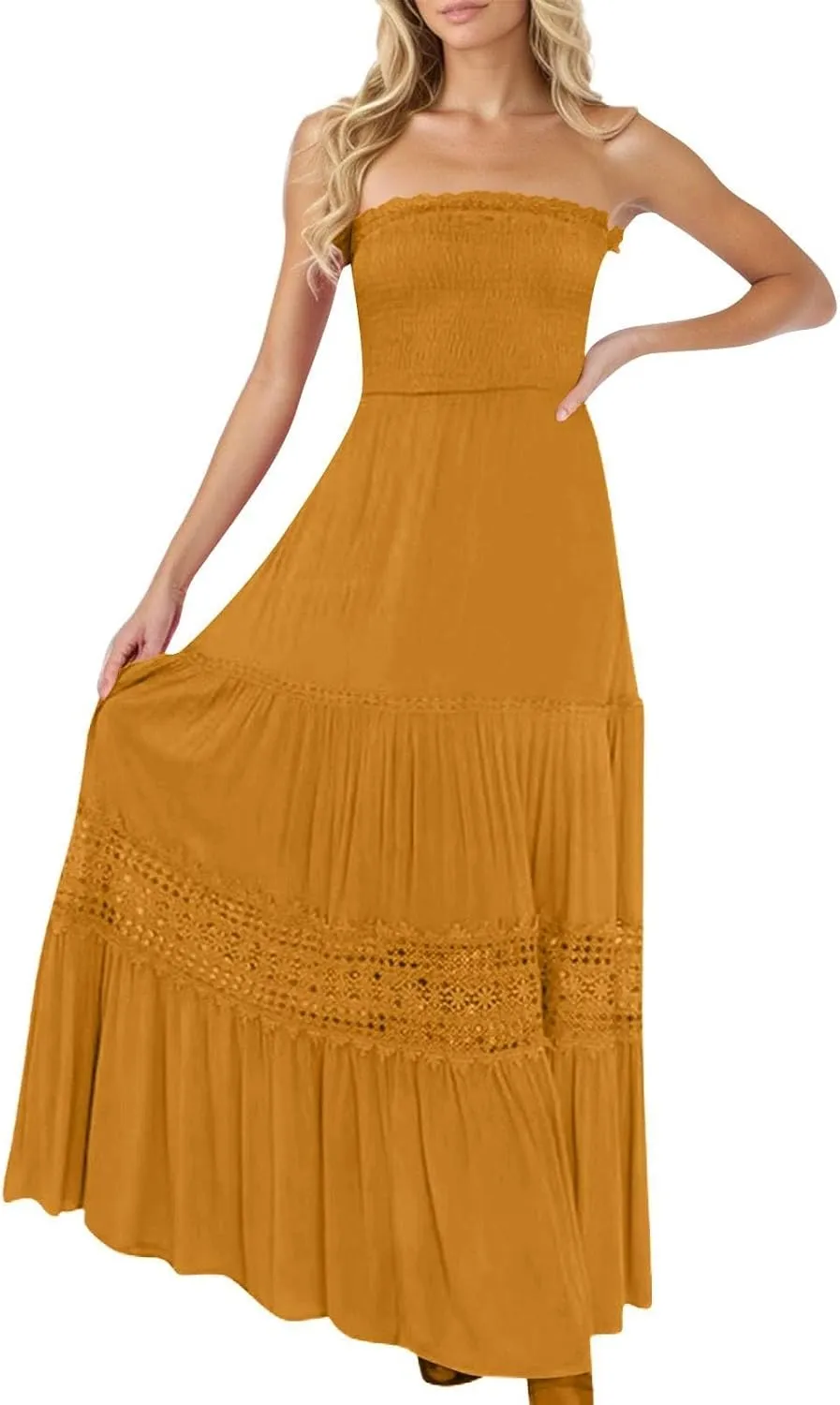 Strapless Maxi Dresses for Women 2025 Summer Smocked Waisted Tiered Dress Crochet Trim Long Flowy Cute Wintery Dresses