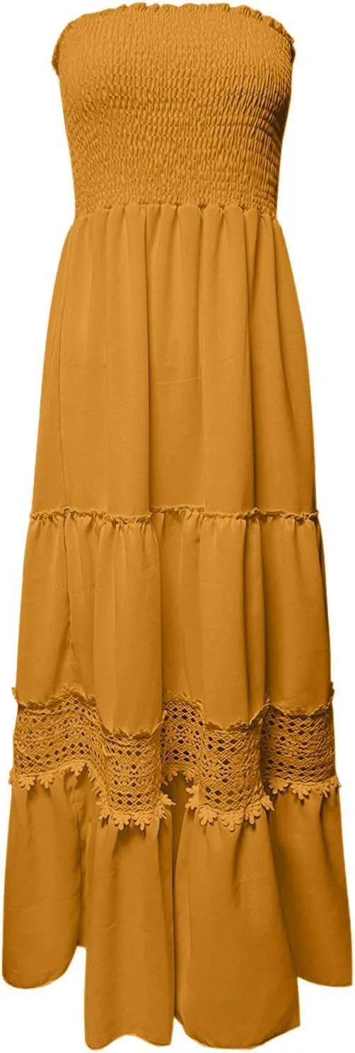 Strapless Maxi Dresses for Women 2025 Summer Smocked Waisted Tiered Dress Crochet Trim Long Flowy Cute Wintery Dresses