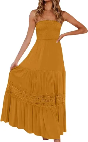 Strapless Maxi Dresses for Women 2025 Summer Smocked Waisted Tiered Dress Crochet Trim Long Flowy Cute Wintery Dresses