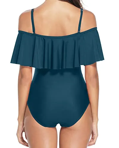 Strapless One Piece Swimsuit Push Up Bra For Women Off Shoulder Swimsuit-Teal