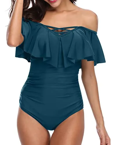 Strapless One Piece Swimsuit Push Up Bra For Women Off Shoulder Swimsuit-Teal