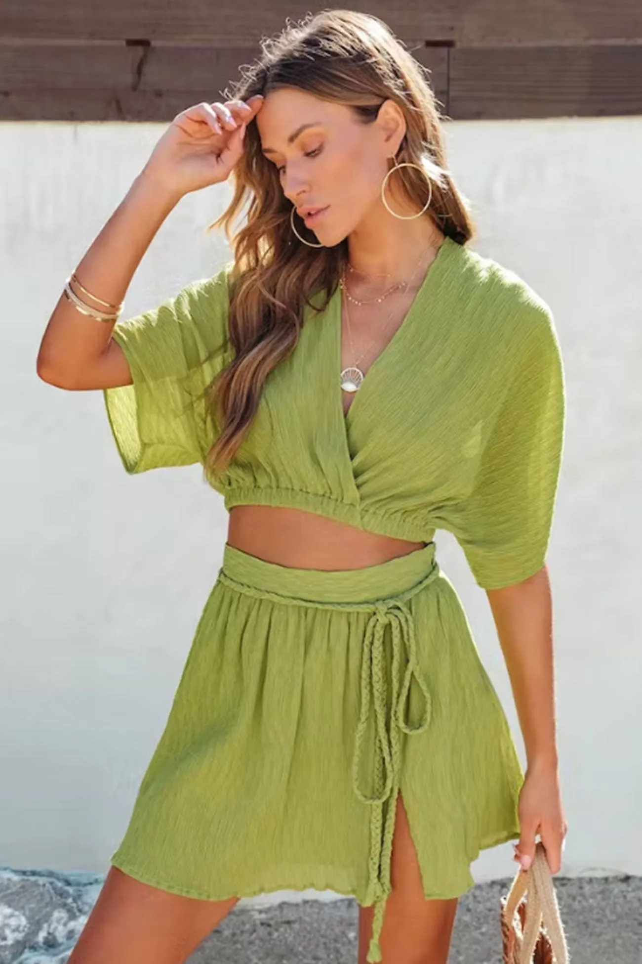 Strappy V Neck Crop Top Slit Mini Skirt Suits