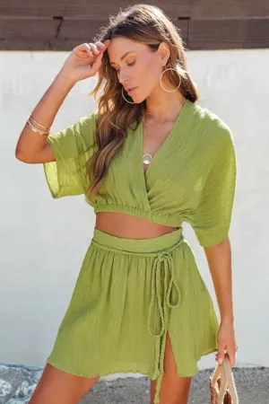 Strappy V Neck Crop Top Slit Mini Skirt Suits