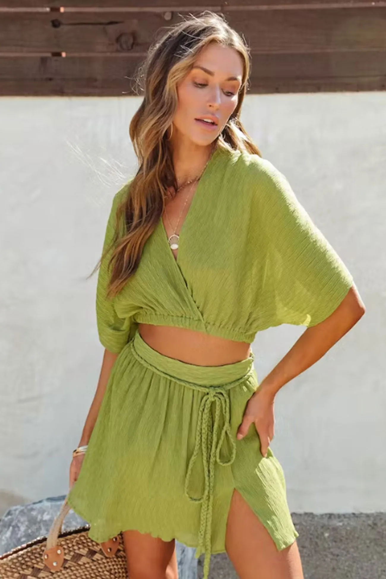 Strappy V Neck Crop Top Slit Mini Skirt Suits