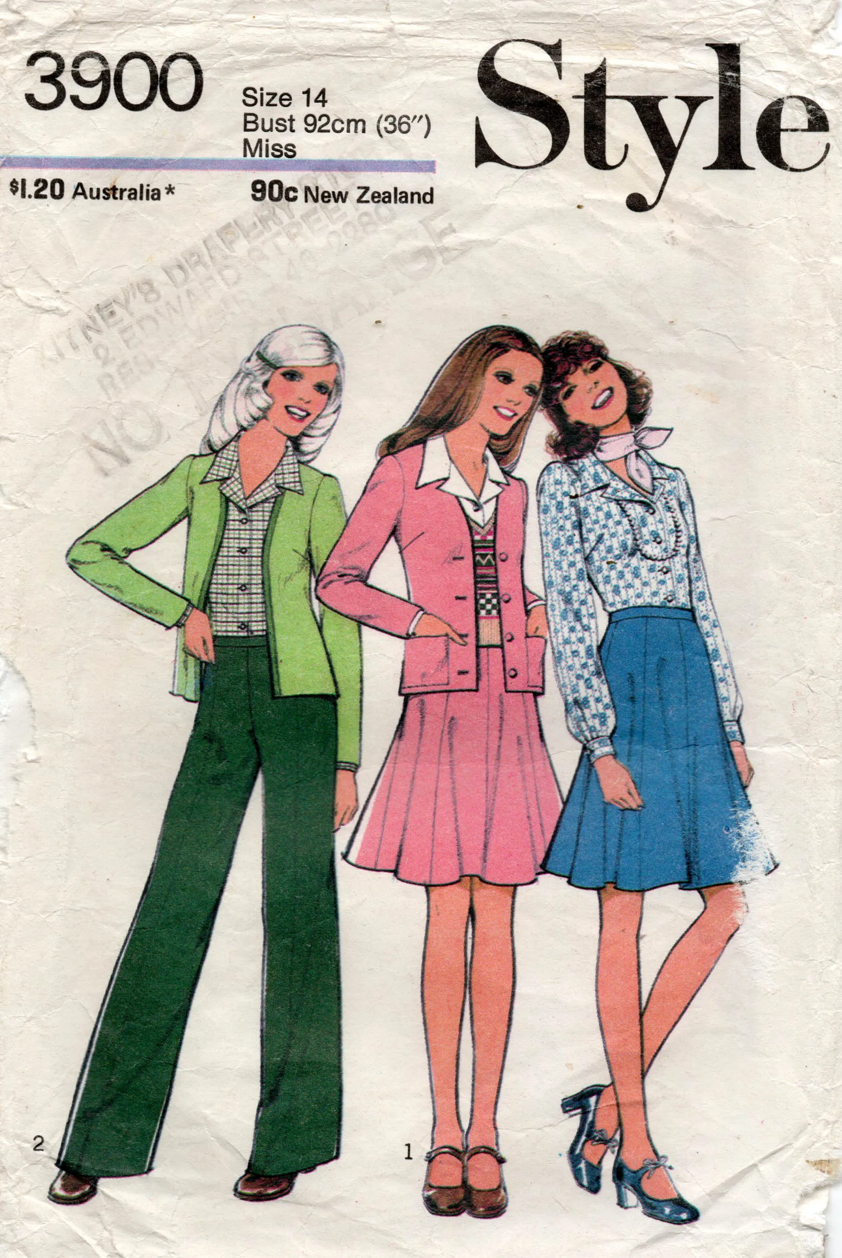 Style 3900 Womens Blouse Cardigan Pants & Skirt 1970s Vintage Sewing Pattern Size 14 Bust 36 inches