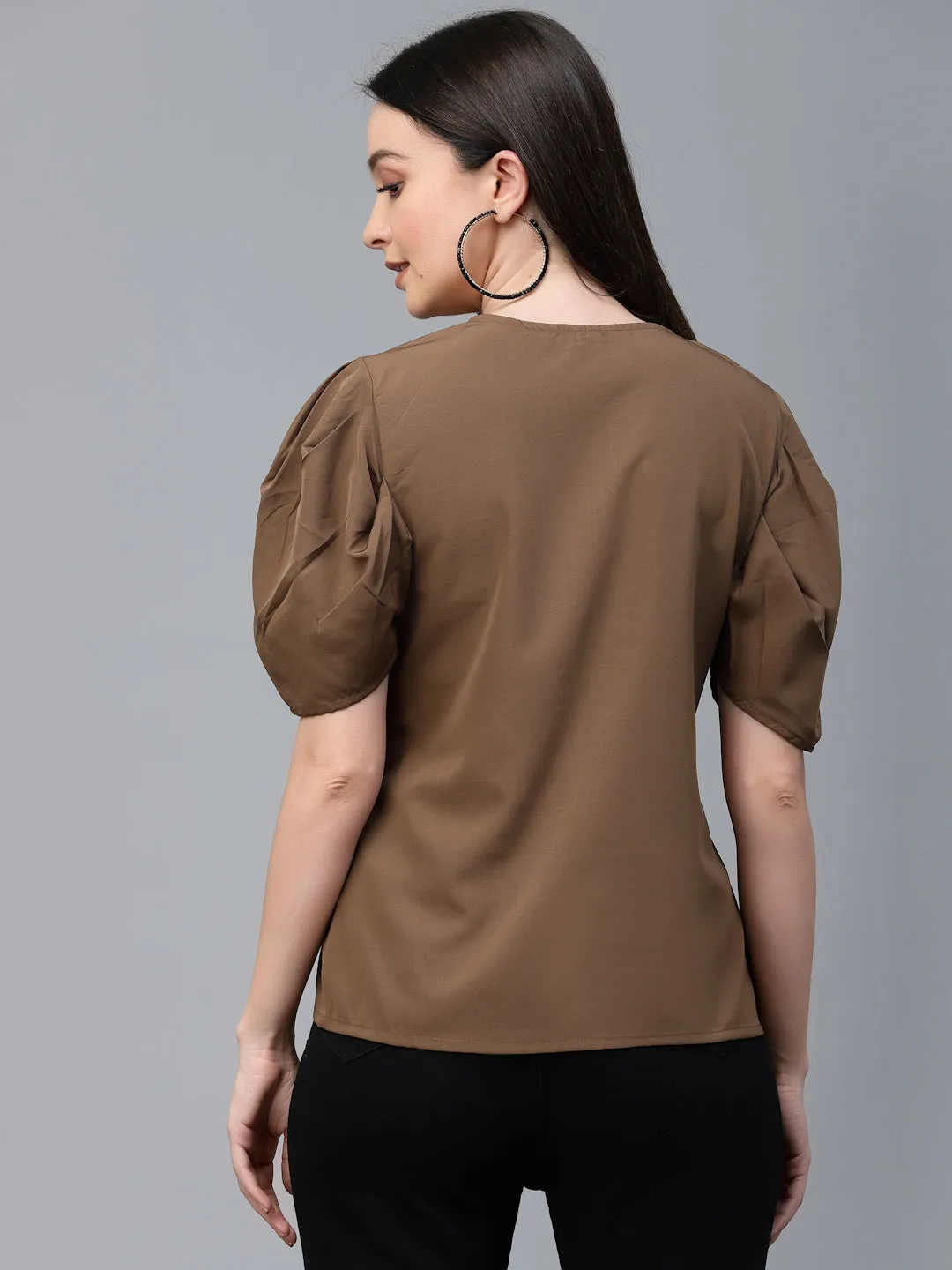 Style Quotient Women Brown Solid Polyester Regular Smart Casual Top