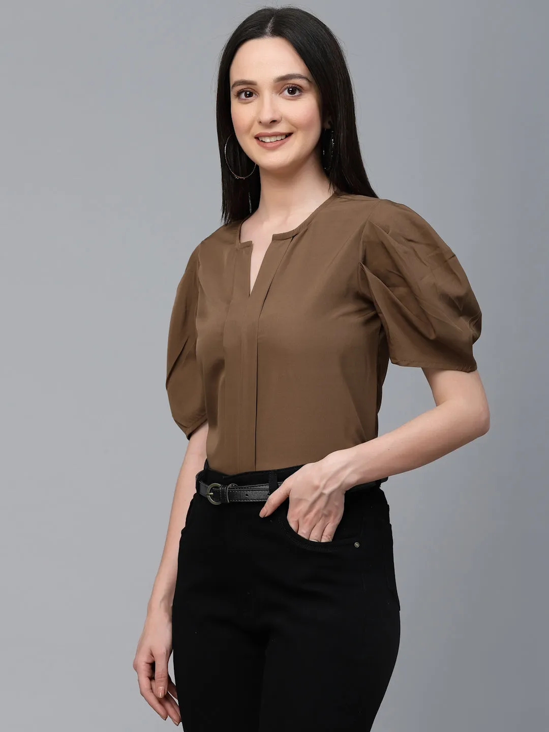 Style Quotient Women Brown Solid Polyester Regular Smart Casual Top