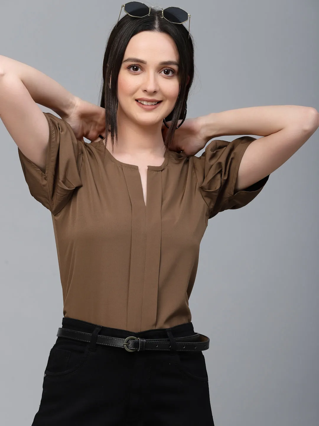 Style Quotient Women Brown Solid Polyester Regular Smart Casual Top