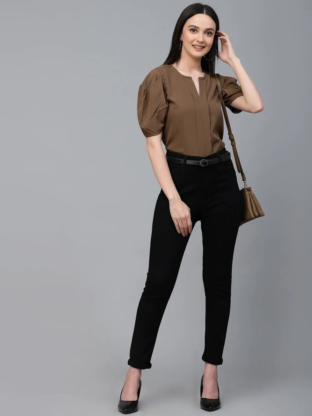 Style Quotient Women Brown Solid Polyester Regular Smart Casual Top