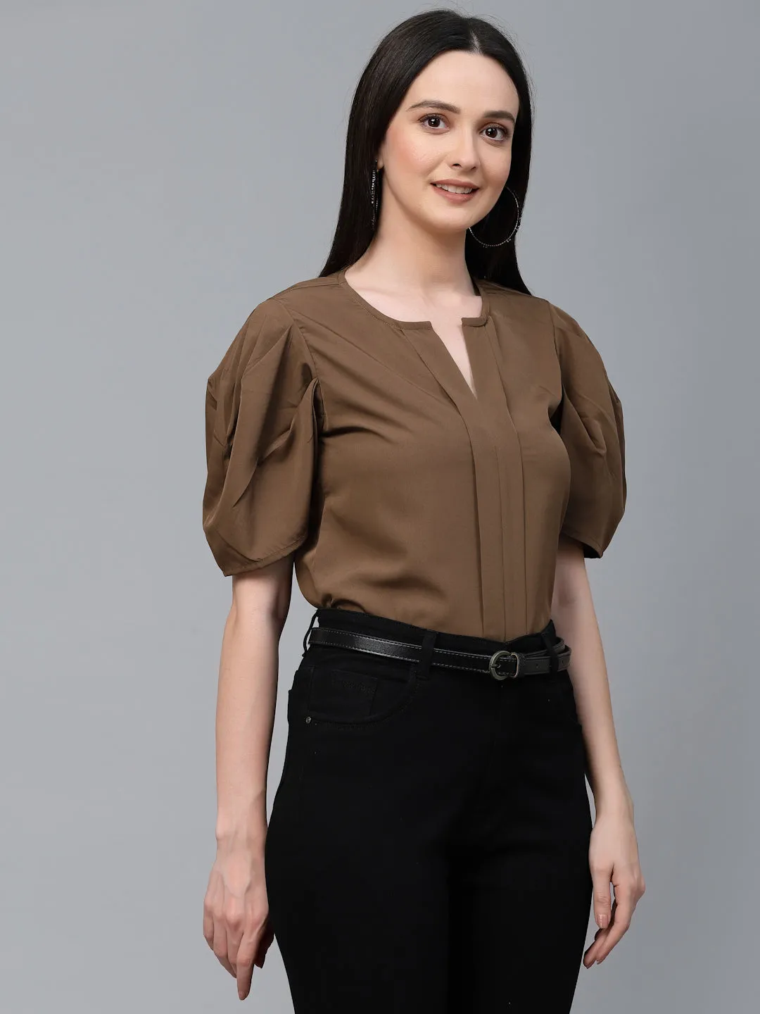 Style Quotient Women Brown Solid Polyester Regular Smart Casual Top