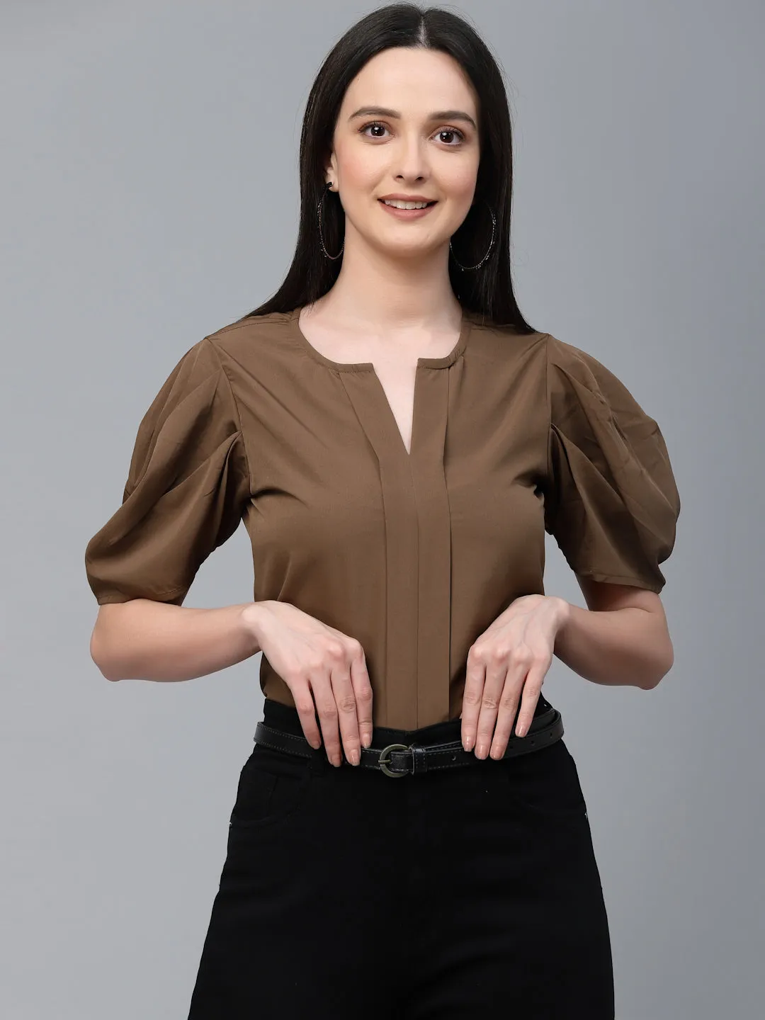 Style Quotient Women Brown Solid Polyester Regular Smart Casual Top