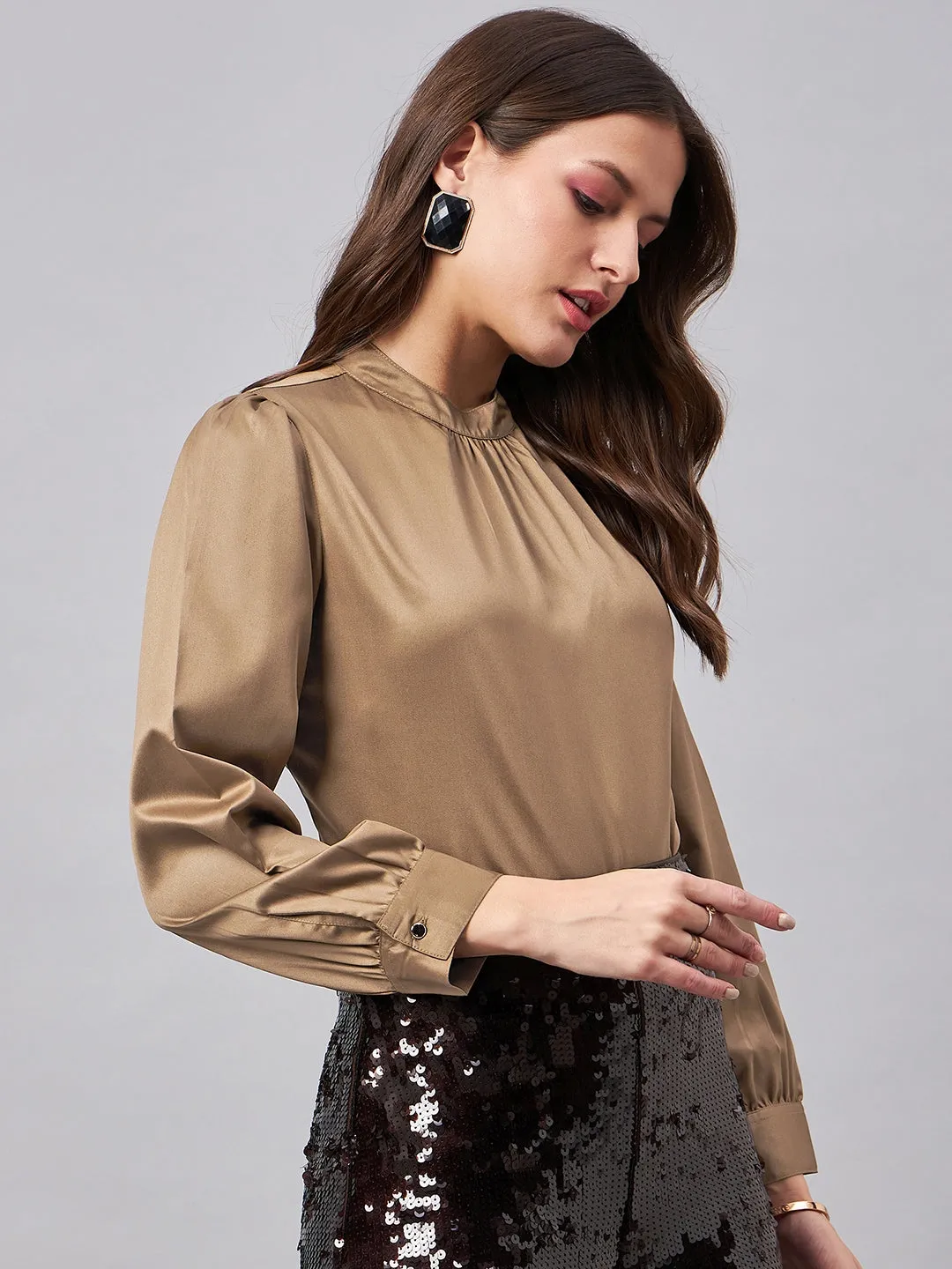 Style Quotient Women Solid Ash Satin Regular Party Top