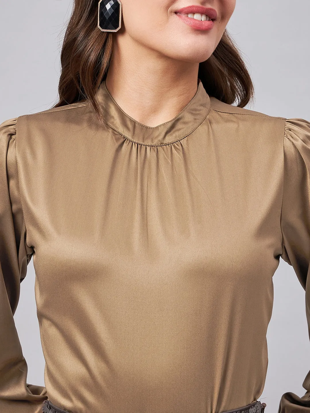 Style Quotient Women Solid Ash Satin Regular Party Top