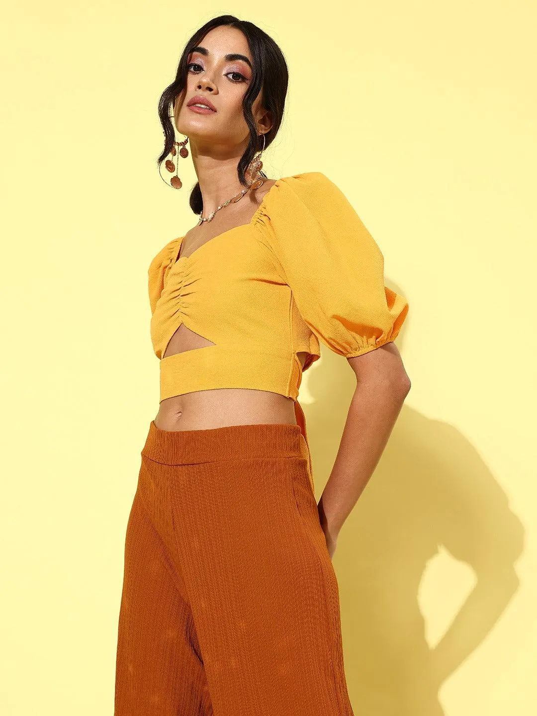 Style Quotient Women Yellow Solid Cut-Out Detail Smocked Bardot Crop Top