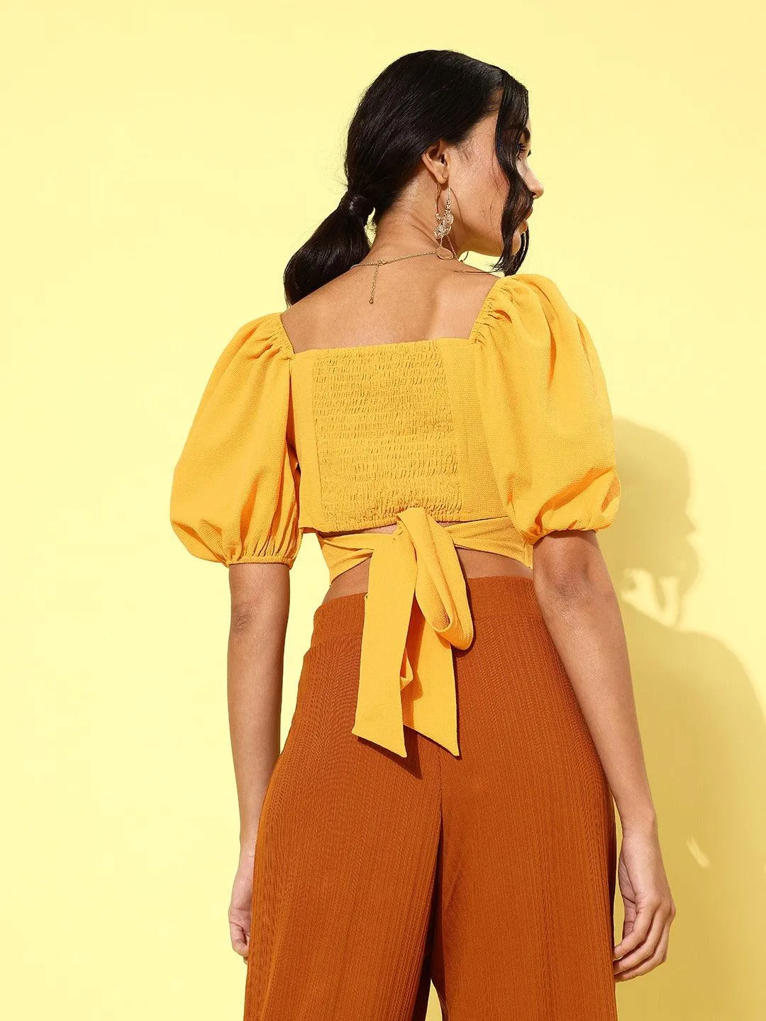 Style Quotient Women Yellow Solid Cut-Out Detail Smocked Bardot Crop Top