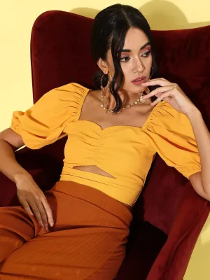 Style Quotient Women Yellow Solid Cut-Out Detail Smocked Bardot Crop Top