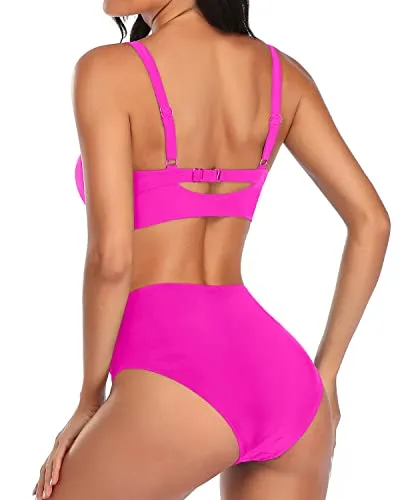 Stylish High Waisted Two Piece Swimsuit Tummy Control Ruched Bikini-Neon Pink