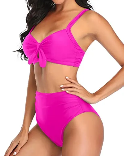 Stylish High Waisted Two Piece Swimsuit Tummy Control Ruched Bikini-Neon Pink