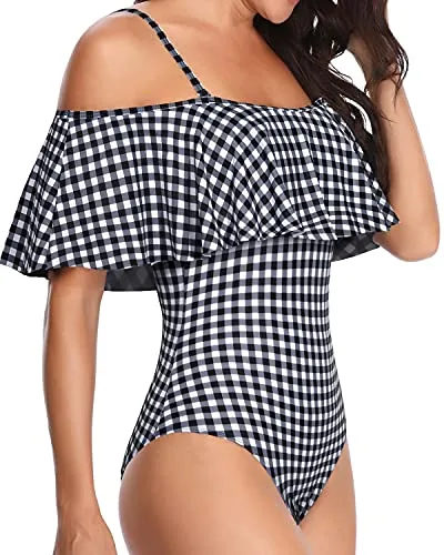 Stylish Off Shoulder One Piece Swimwear For Girls-Black And White Checkered