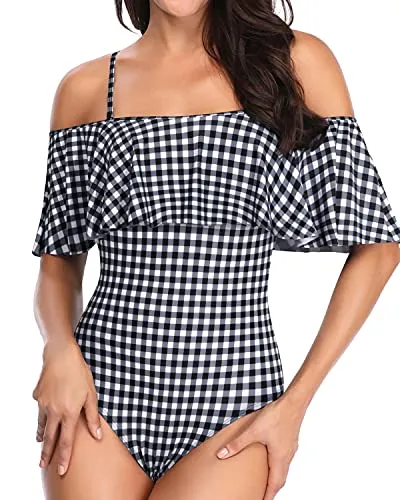 Stylish Off Shoulder One Piece Swimwear For Girls-Black And White Checkered