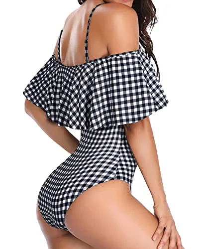 Stylish Off Shoulder One Piece Swimwear For Girls-Black And White Checkered