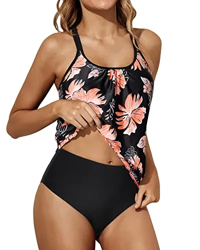 Stylish Scoop Neck Tankini Criss Cross Back-Black Orange Floral