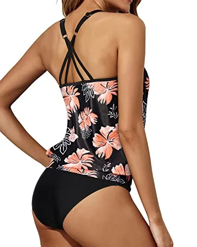 Stylish Scoop Neck Tankini Criss Cross Back-Black Orange Floral