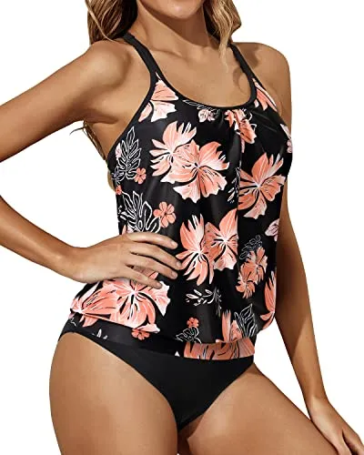 Stylish Scoop Neck Tankini Criss Cross Back-Black Orange Floral