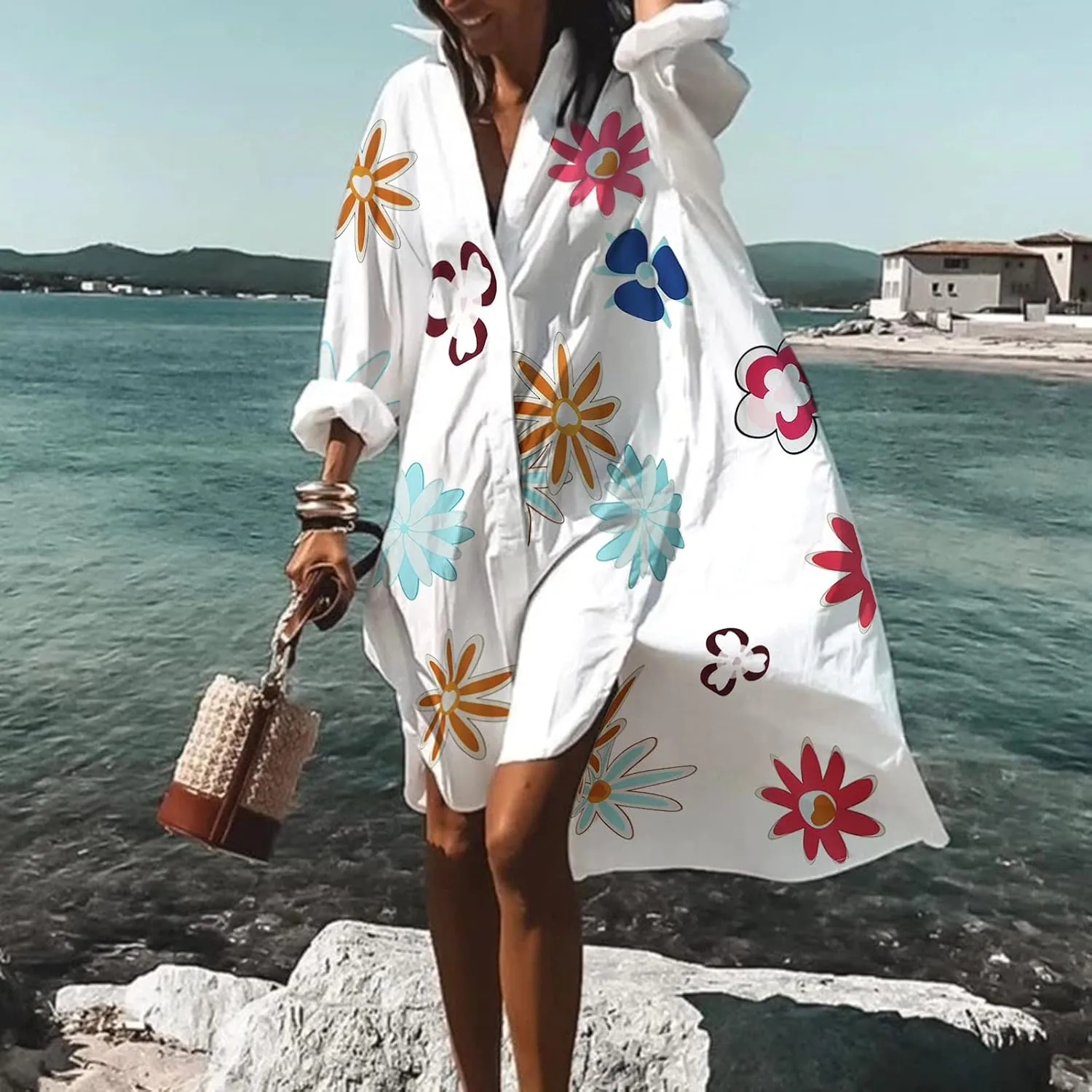 Summer Beach Dresses for Women 2025 Vacation Boho Floral Print Lace Mini Dresses Casual V Neck Loose Flowy Shift Dresses