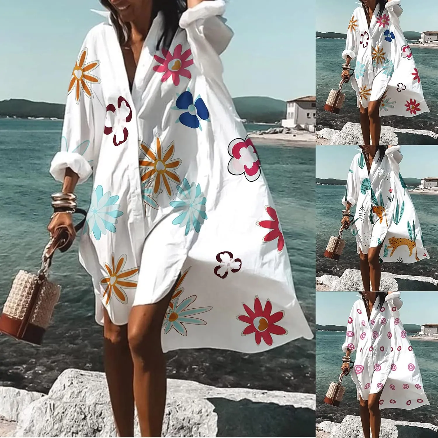 Summer Beach Dresses for Women 2025 Vacation Boho Floral Print Lace Mini Dresses Casual V Neck Loose Flowy Shift Dresses