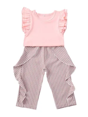 Summer Clothes Outfits Set Short Flutter Sleeve Pink Blouse Top   Frilled Striped Pants