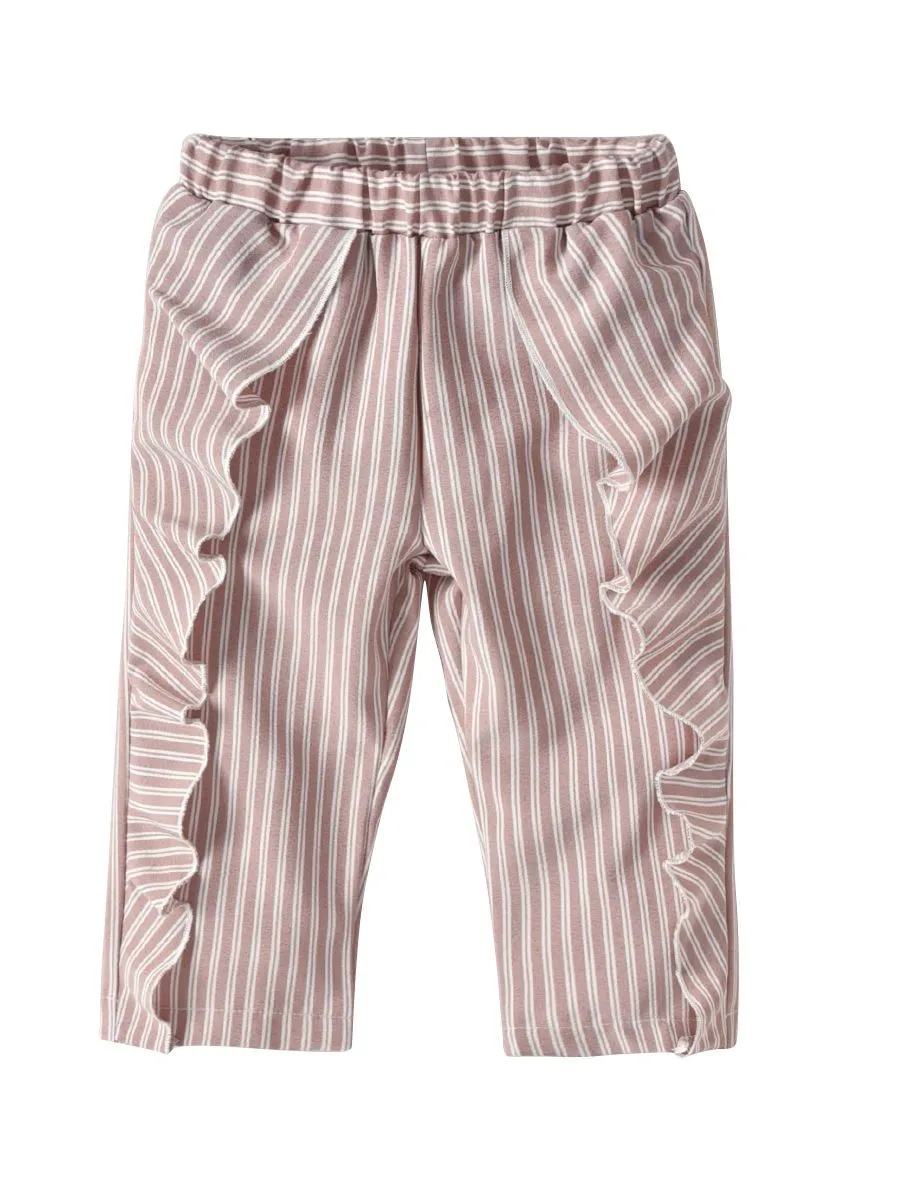 Summer Clothes Outfits Set Short Flutter Sleeve Pink Blouse Top   Frilled Striped Pants