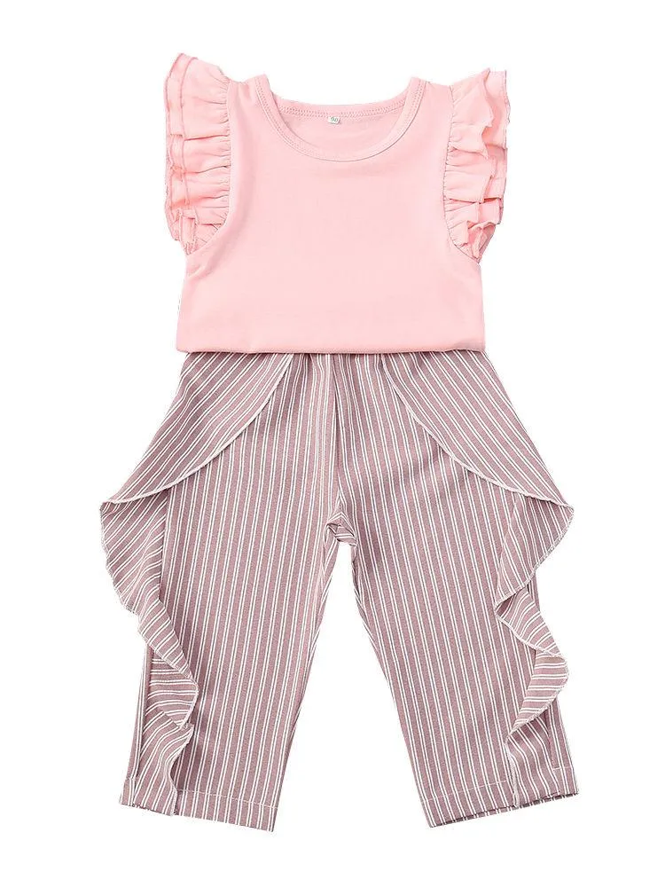 Summer Clothes Outfits Set Short Flutter Sleeve Pink Blouse Top   Frilled Striped Pants