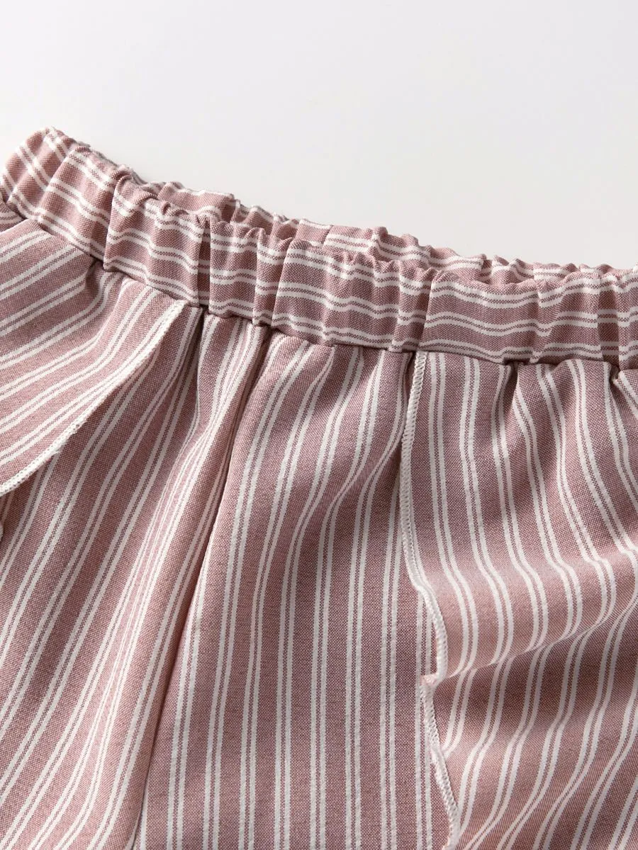 Summer Clothes Outfits Set Short Flutter Sleeve Pink Blouse Top   Frilled Striped Pants