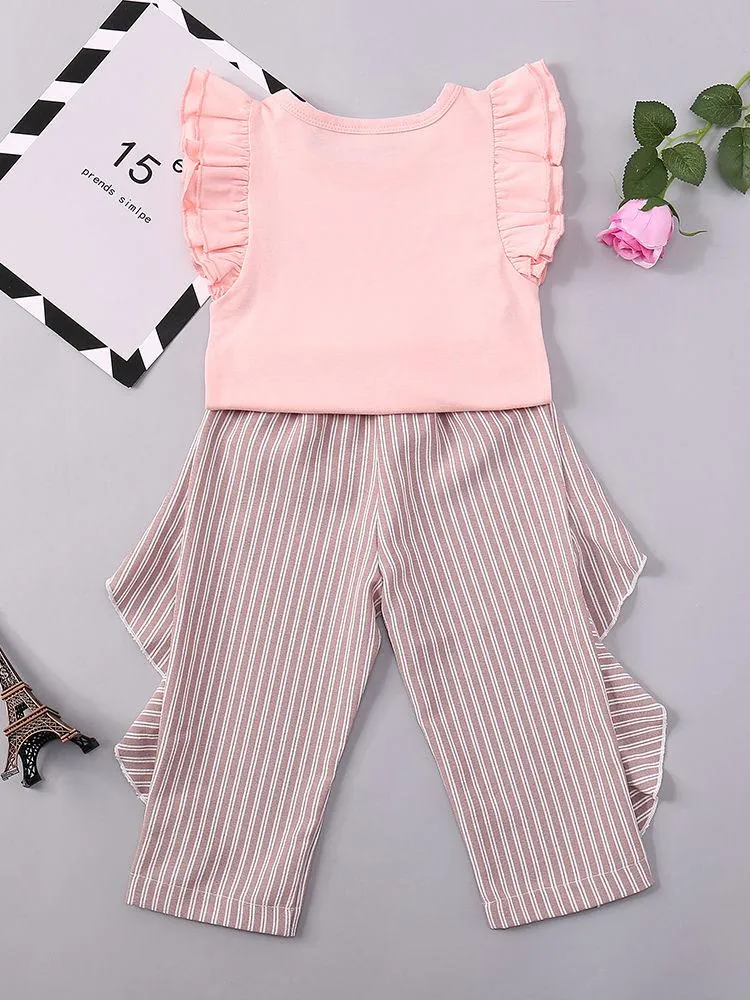 Summer Clothes Outfits Set Short Flutter Sleeve Pink Blouse Top   Frilled Striped Pants