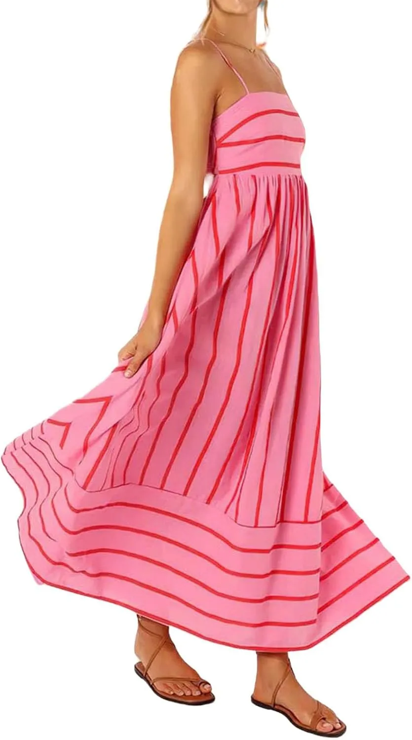 Summer Dress for Women Striped Sleeveless Spaghetti Strap A Line Maxi Dress Ruffle Waist Flowy Swing Sundress 2025