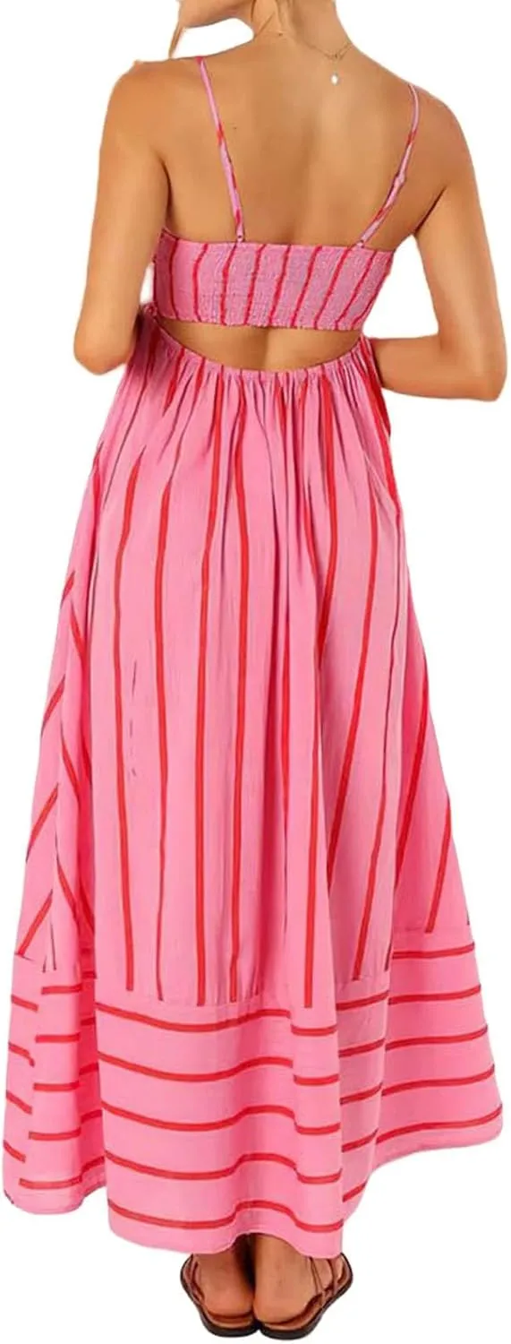 Summer Dress for Women Striped Sleeveless Spaghetti Strap A Line Maxi Dress Ruffle Waist Flowy Swing Sundress 2025