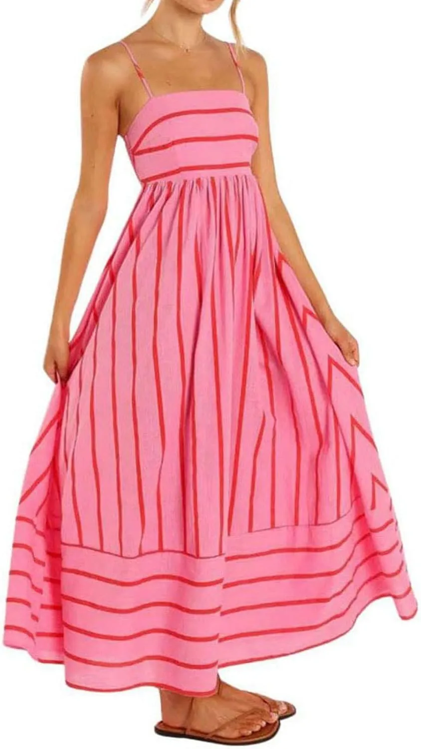 Summer Dress for Women Striped Sleeveless Spaghetti Strap A Line Maxi Dress Ruffle Waist Flowy Swing Sundress 2025