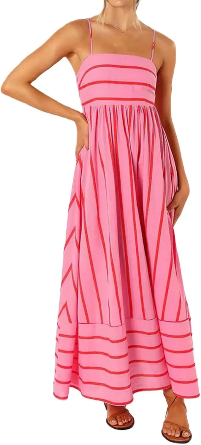 Summer Dress for Women Striped Sleeveless Spaghetti Strap A Line Maxi Dress Ruffle Waist Flowy Swing Sundress 2025