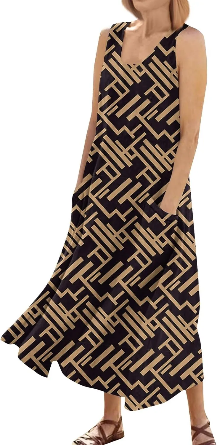 Summer Dresses for Women 2025 Casual Crew Neck Sleeveless Maxi Dress Loose Flowy Floral Beach Sundress with Pockets