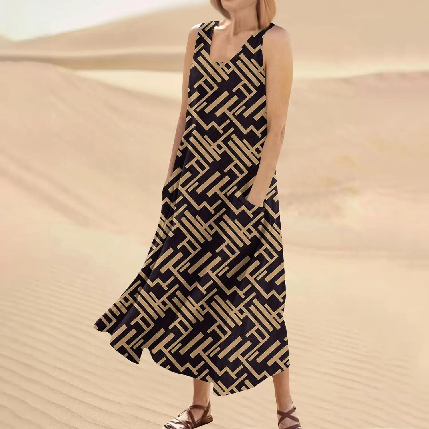 Summer Dresses for Women 2025 Casual Crew Neck Sleeveless Maxi Dress Loose Flowy Floral Beach Sundress with Pockets